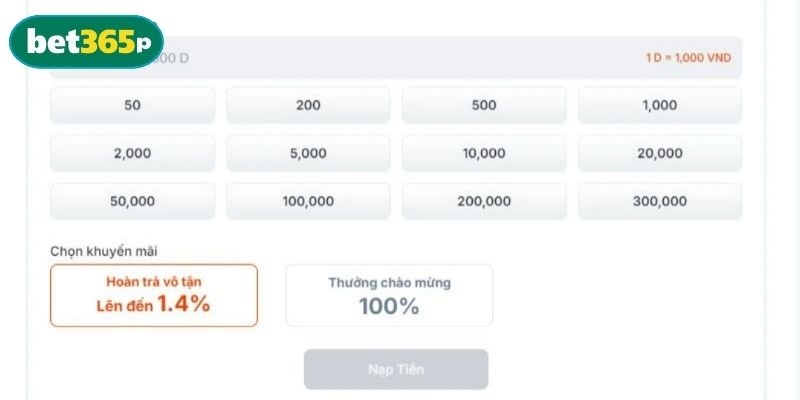 Chọn phương thức và tiến hành nạp tiền BET365 ngay